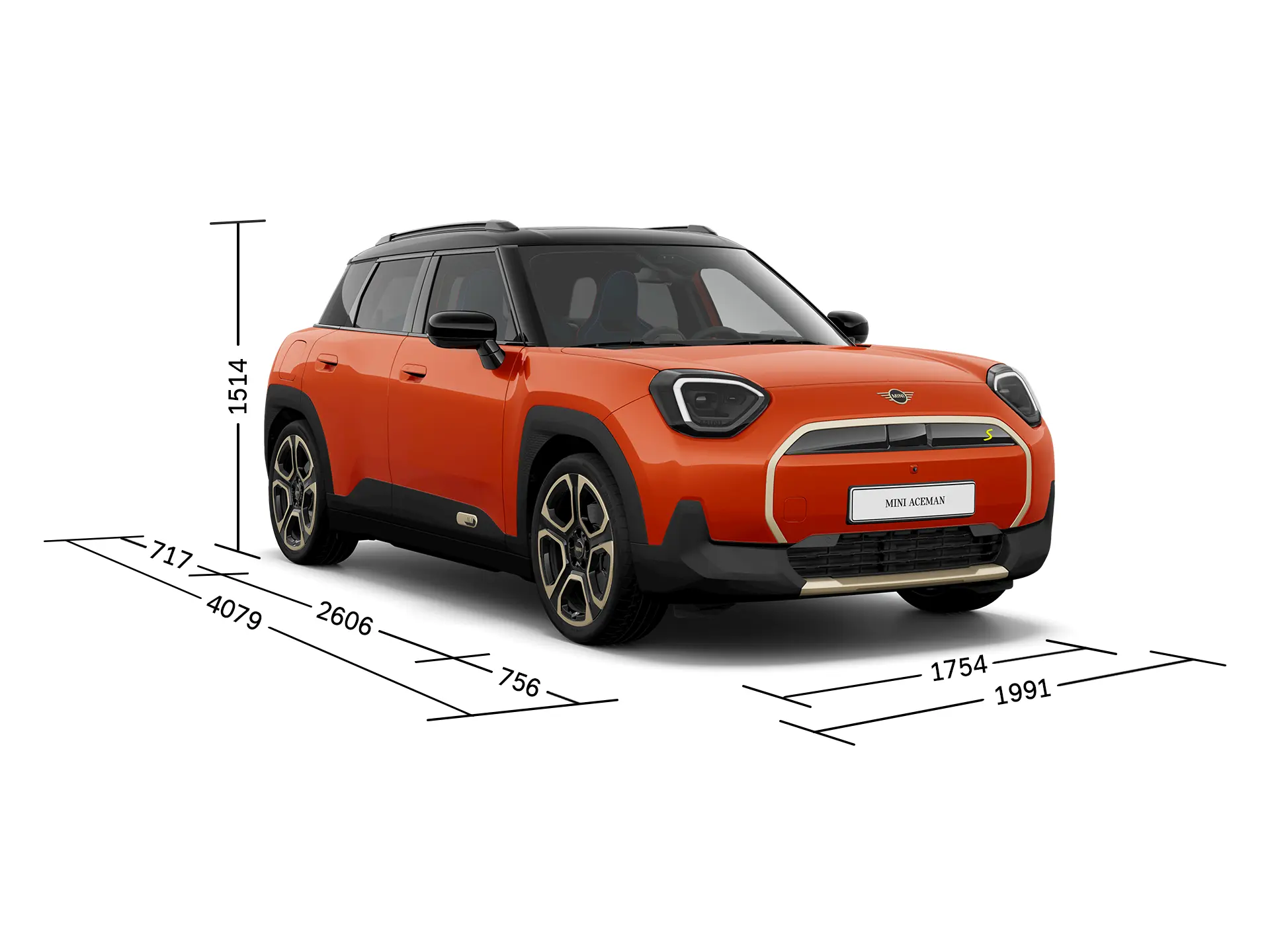 MINI Aceman Electric - vooraanzicht met afmetingen