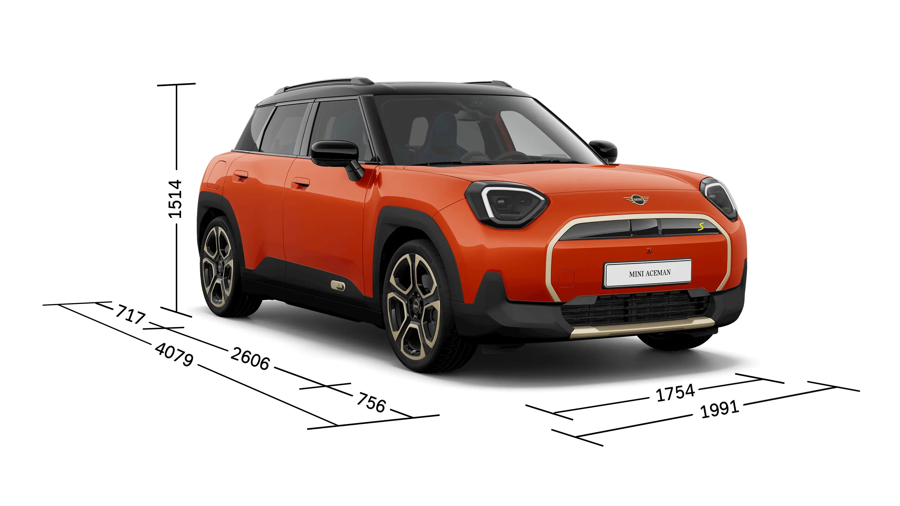 MINI Aceman Electric - vooraanzicht met afmetingen