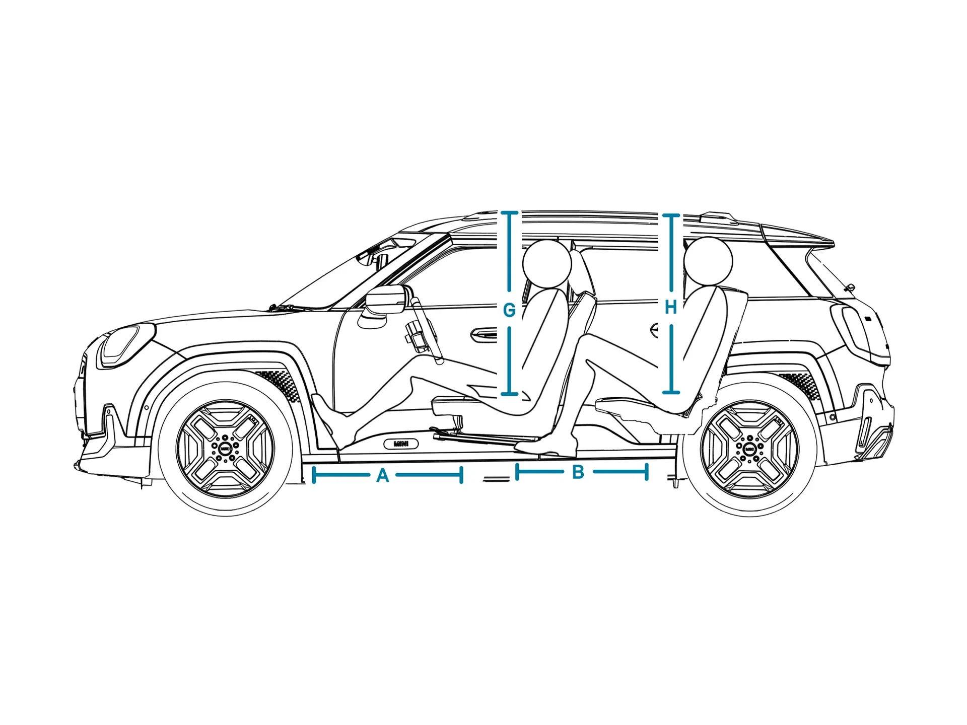 MINI Aceman Electric - afmetingen interieur zijkant