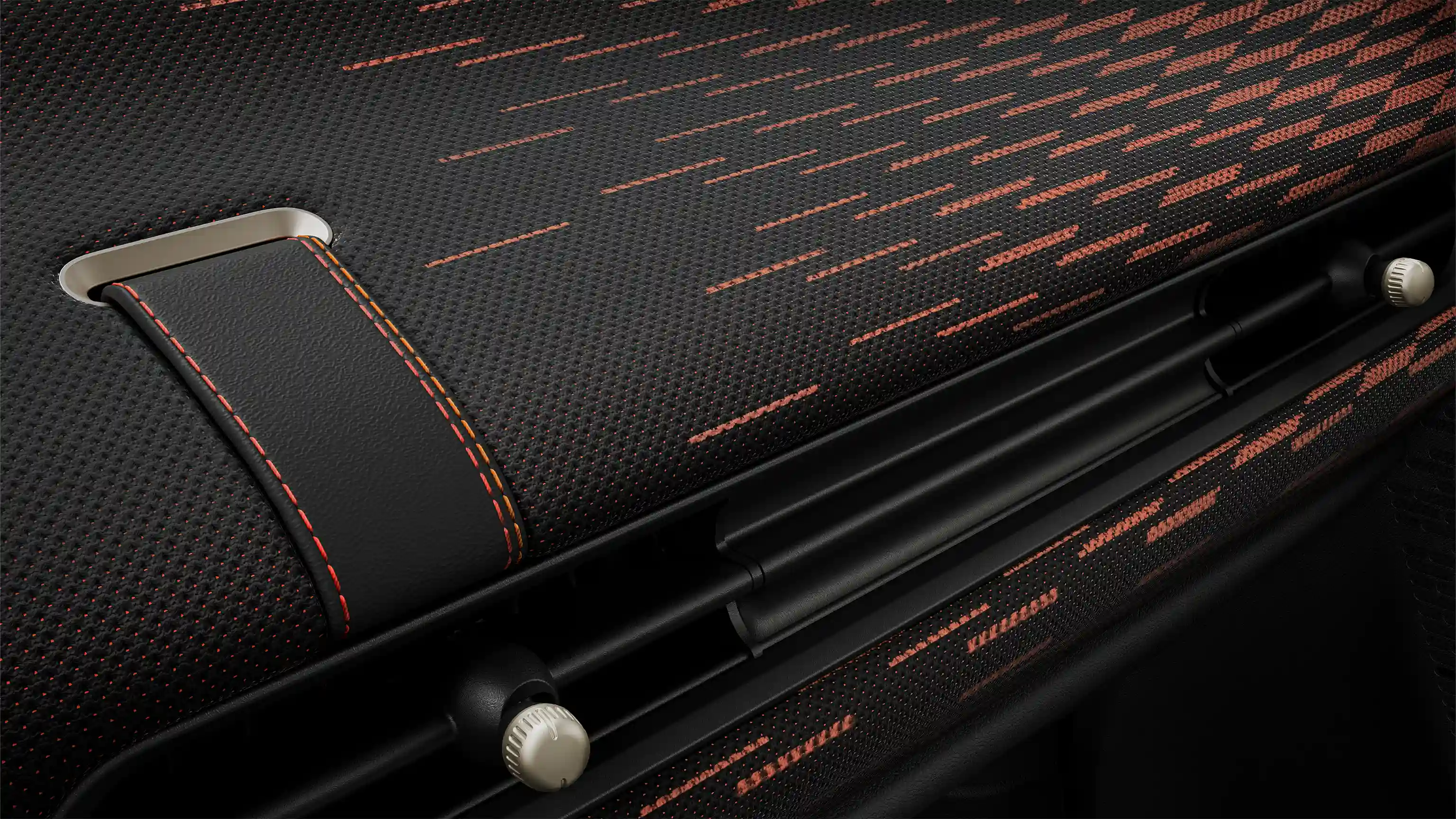 Vue du tableau de bord de la MINI Cooper JCW Style en rouge et noir