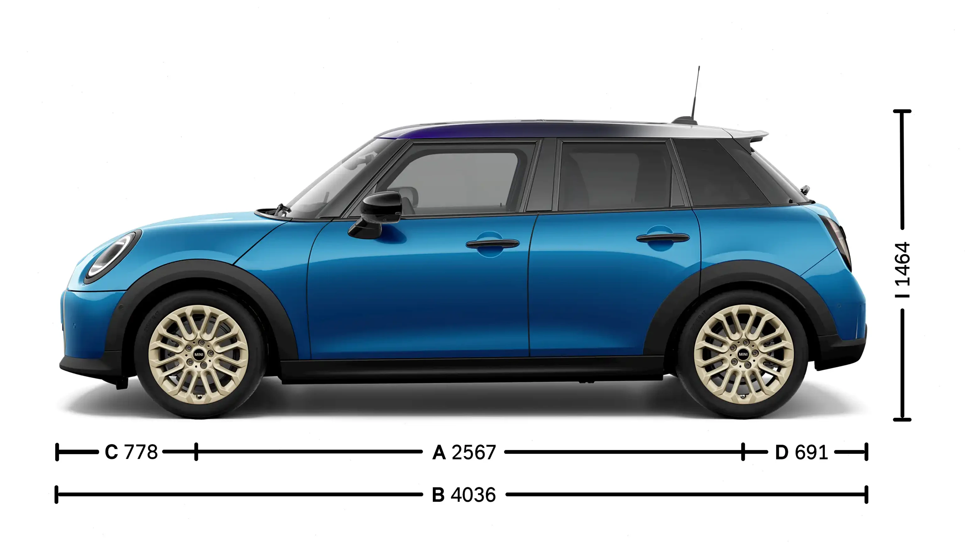 MINI Cooper 5-Deurs - afmetingen zijkant