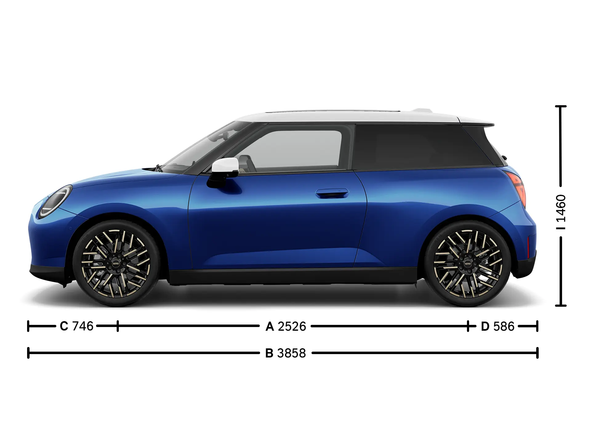 MINI Cooper Electric afmetingen zijkant