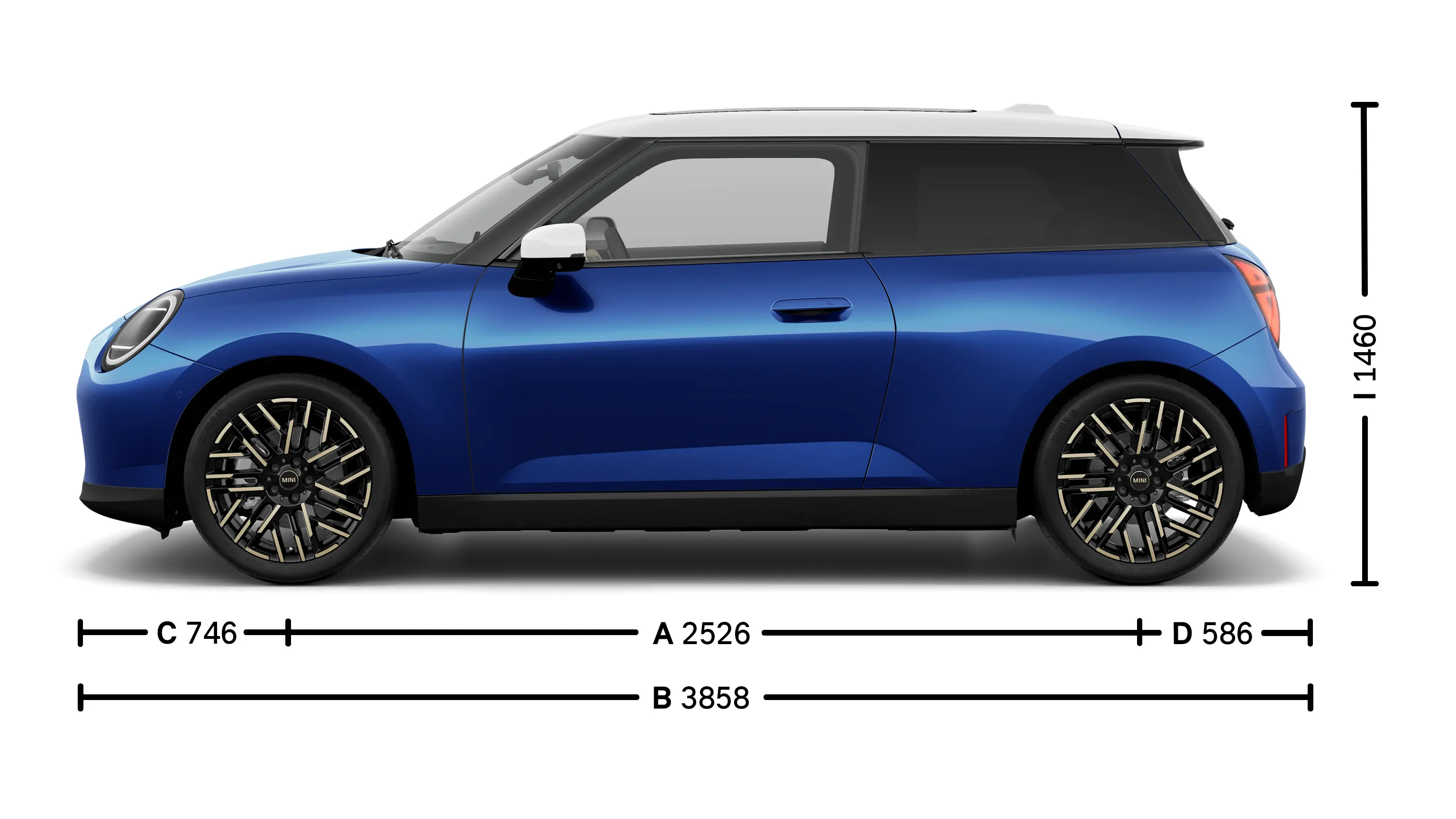MINI Cooper Electric afmetingen zijkant