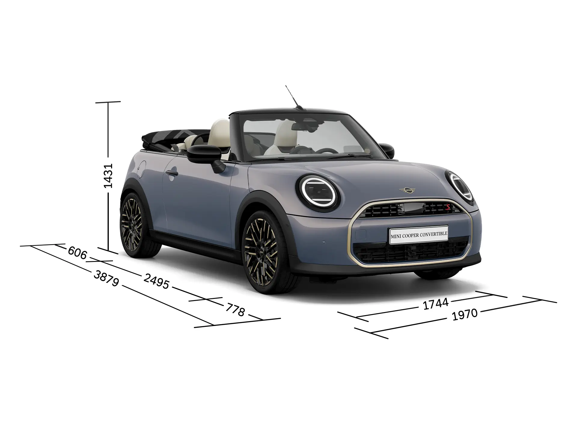 MINI Cooper Cabrio – Vue avant avec dimensions