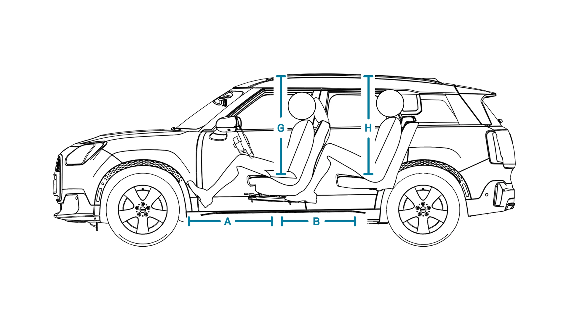 MINI Countryman Electric - afmetingen interieur zijkant