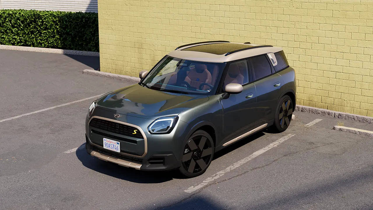 Video die het interieur en exterieur van een MINI Countryman in detail laat zien. De camera gaat over het dashboard en laat de designelementen zien.