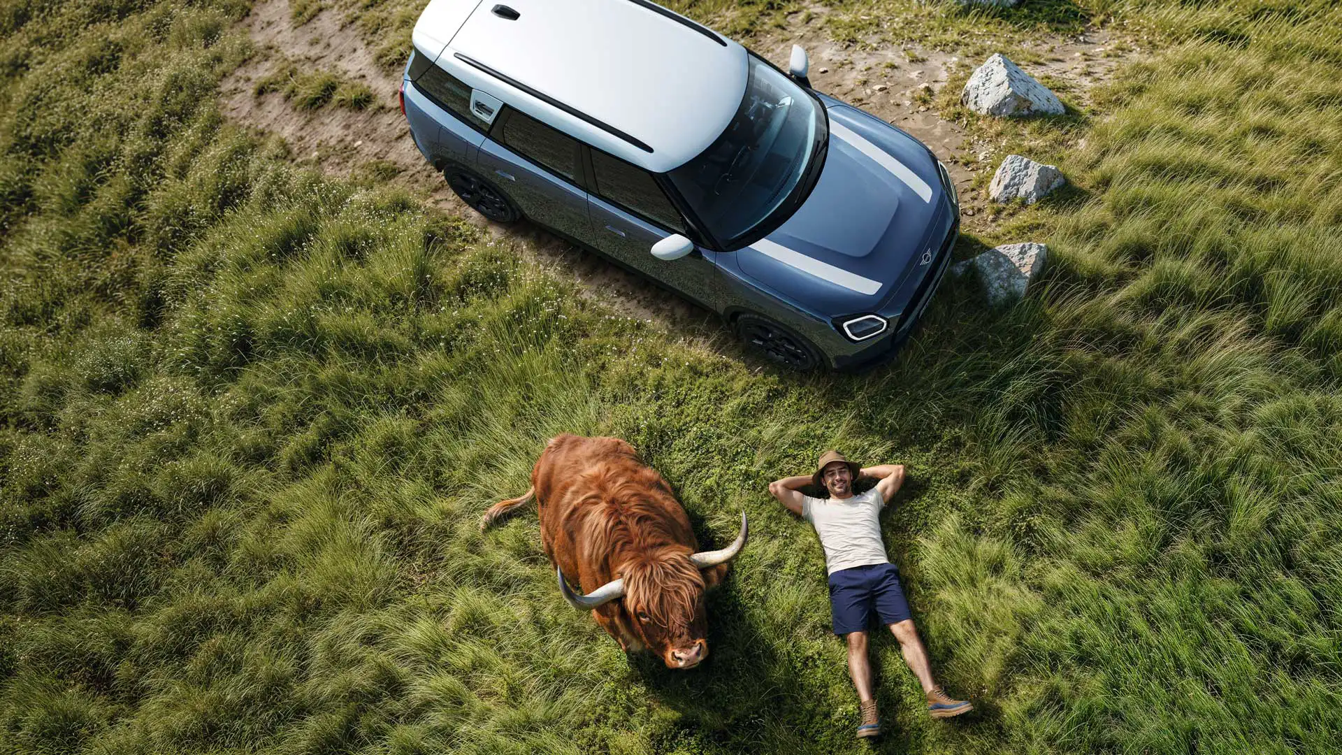 Un homme en train de se reposer sur l’herbe, à côté de sa MINI Countryman S ALL4 avec, à proximité, un taureau Highland couché.